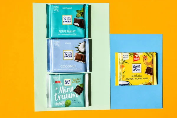 Zhytomyr Ucrania Junio 2020 Chocolate Ritter Sport Bars Chocolate Alemán — Foto de Stock