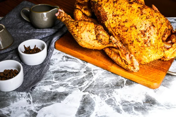 Raw Chicken Broiler Turkey Prepared Cooking Spices Wooden Kitchen Table — Stock Photo, Image