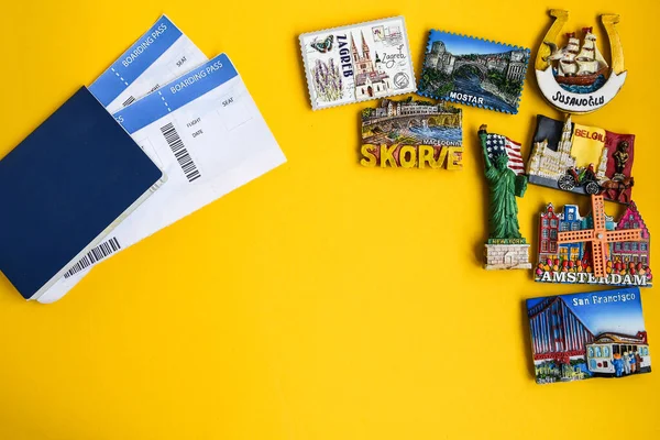 Magnets Different Countries Yellow Background Travel Concept Planning Trip Copy — Stock Photo, Image