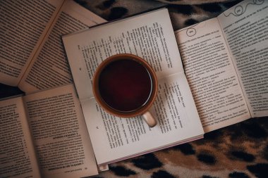 Eski kitap eğitimi konsepti yığını, metin için bir sürü kitap yığını, kitap kapakları, eski ve kullanılmış ciltli kitaplar, üst görünüm. Eğitici bir kavram. Yaklaş, sıcak çay.