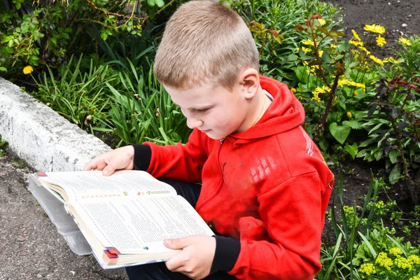 Ребенок Мальчик Читает Книгу Саду Студент Учеба Парке Остаться Дома — стоковое фото