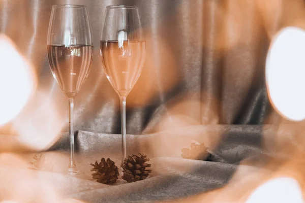 Two Champagne Glasses Blurred Lights Background Bokeh Effect Copy Space — Stock Photo, Image