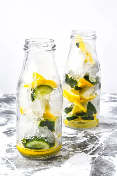 Cold Refreshing Infused Detox Water Lemon Mint Cucumber Glass White — Stock Photo, Image