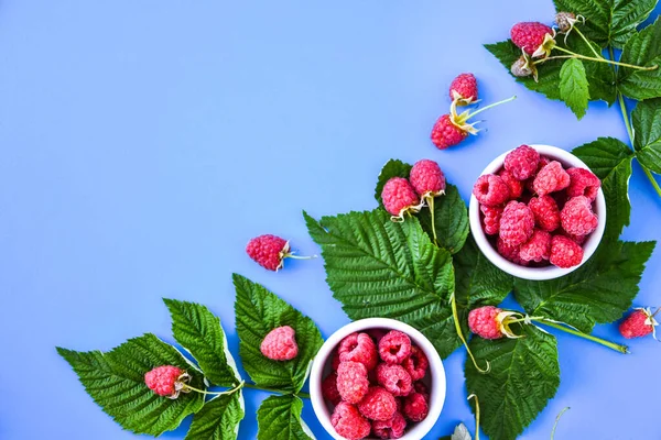 Red Fresh Raspberries Green Leaves Blue Background Top View Flat — Stock Photo, Image