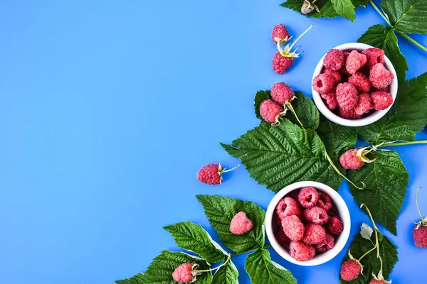 Red Fresh Raspberries Green Leaves Blue Background Top View Flat — Stock Photo, Image