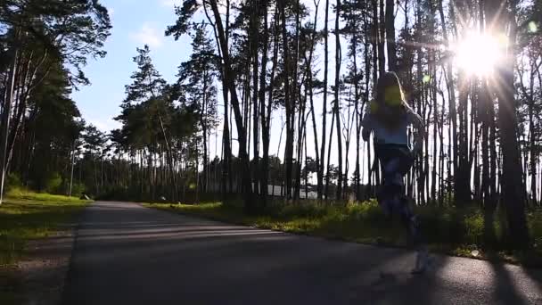 Naturaleza en forma. Chica de fitness se ejecuta en la luz de la noche. Una joven esbelta con un chándal corre en el parque a lo largo de la carretera bajo el sol. Mañana de verano fresca corriendo . — Vídeos de Stock