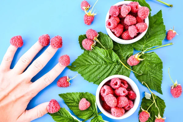 Ripe Large Raspberries Dressed Fingers Hands Funny Hats Summer Manicure — Stock Photo, Image