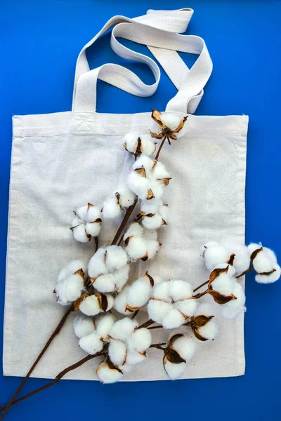 Stylish Eco Bags Cotton Flowers Blue Background Zero Waste Concept — Stock Photo, Image