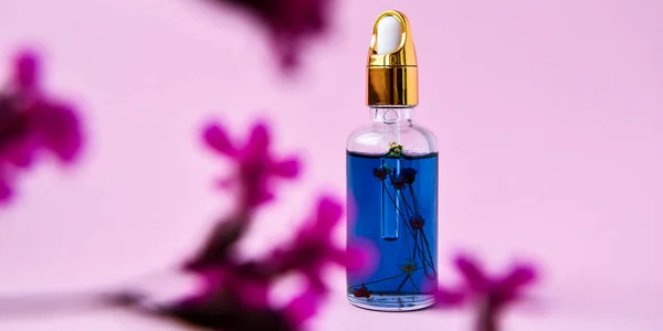 Spa Dropper Fles Met Essentie Droge Bloemen Kleine Roze Bloemen — Stockfoto