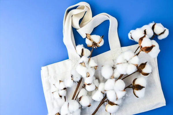 Stylish Eco Bags Cotton Flowers Blue Background Zero Waste Concept — Stock Photo, Image