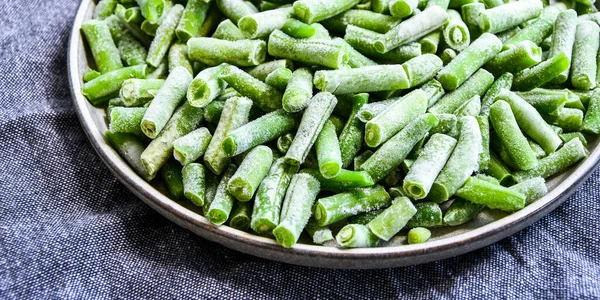 Frijoles Verdes Frescos Congelados Plato Suministro Verduras Para Almacenamiento Invierno — Foto de Stock