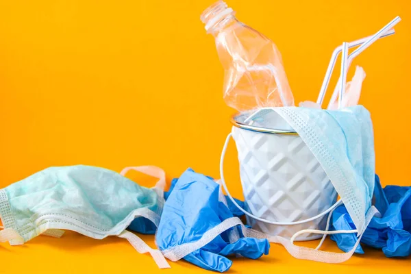 Covid Medical Waste Disposal Gloves Masks Empty Plastic Bottles Sanitizer — Stock Photo, Image
