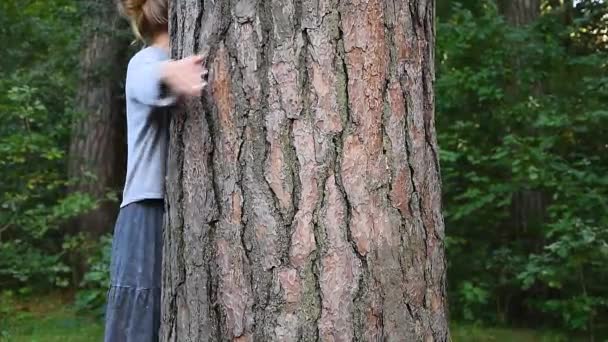 Miljöaktivisten kramar träd i skogen och älskar naturen. Händer vuxna kaukasiska kvinnliga miljöaktivist är lindade runt trädstam i skogen. — Stockvideo