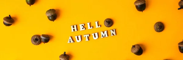 Inscription HELLO AUTUMN text Pattern with acorns on the yellow background. Autumn concept. Pattern of oak tree acorns. Vibrant autumn pattern