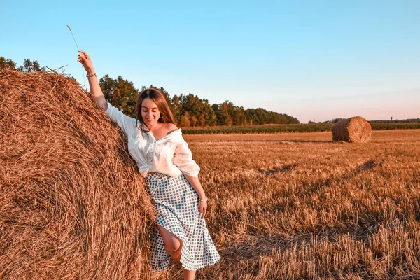 Sabah güneş ışığında, kırsal kesimde samanlıkta genç ve seksi bir kadının portresi. Elbise giymiş güzel bir kadın samanlıkta oturuyor. Cottagecore 'da. Saman yığınlarıyla yaz tarlasında dinlenmek. Temiz hava kırsal kesimde. pastoral yaşam