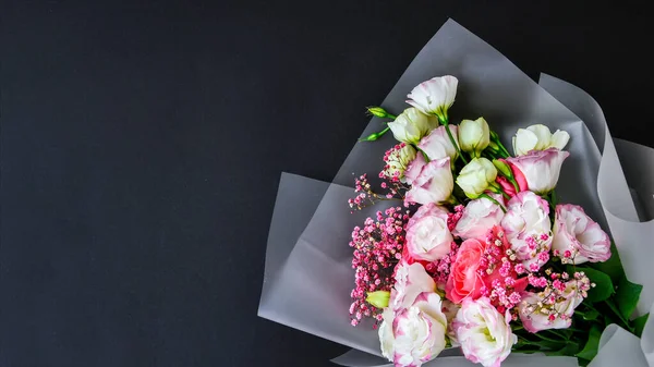Beautiful Bouquet Different Flowers Black Background Copy Space Text Holiday — Stock Photo, Image