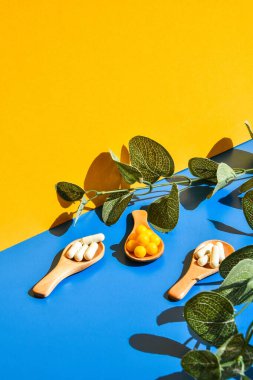 Ahşap kaşıkta haplar mavi ve sarı arka planda. Sert ışık ve gölgeler. Modern izometrik yaratıcı minimalizm kavramı. Vitaminler, prebiyotikler, probiyotikler. Sonbahar vitamini dozu. Okaliptüs