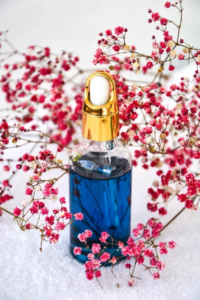 Glazen Druppelaar Van Cosmetische Olie Gedroogde Bloemen Kruiden Witte Achtergrond — Stockfoto