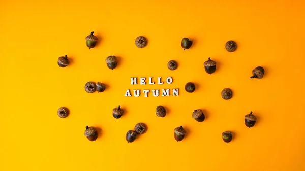 Inscription HELLO AUTUMN text Pattern with acorns on the yellow background. Autumn concept. Pattern of oak tree acorns. Vibrant autumn pattern
