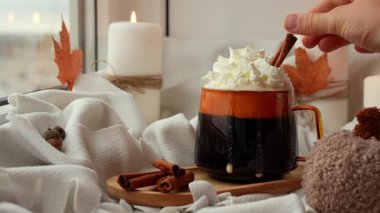 Tarçınlı çubukları mevsimlik kakao kahvesine kremalı ve tarçınlı Şükran Günü çubukları ve Hello Fall Cadılar Bayramı konseptine eklemek. Pencere kenarındaki rahat evde sonbahar tatilini kutluyoruz.