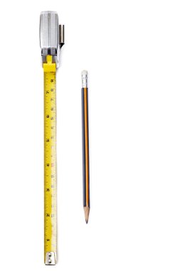 Flexometro o metro con lapiz y  fondo blanco para unidades de medida para centmetros,milmetros y pulgadas clipart