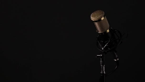 Bázisra Szerelt Vezetékes Professzionális Asztali Mikrofon Fekete Háttérrel Mozgó Világítással — Stock videók