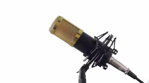 Kablo Beyaz Arkaplanlı Profesyonel Masaüstü Mikrofonu Dinamik Bir Büküm Yapıyor — Stok video
