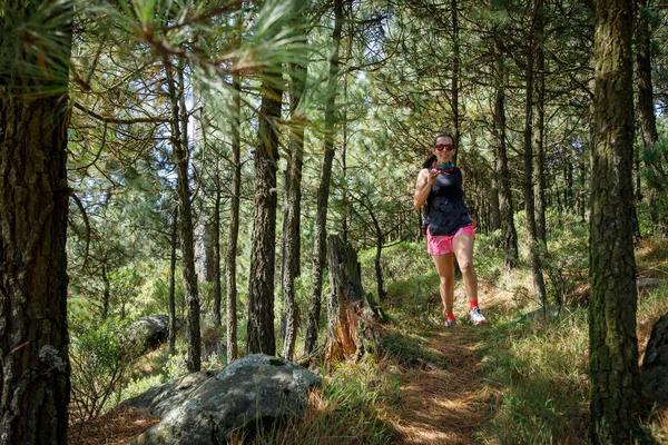 Atleta Corriendo Sendero Montaña Rodeado Árboles — Foto de Stock