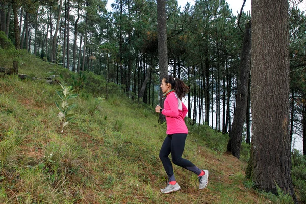 Mujer Corriendo Bosque Escalando Montañas Con Lago Fondo — Foto de Stock