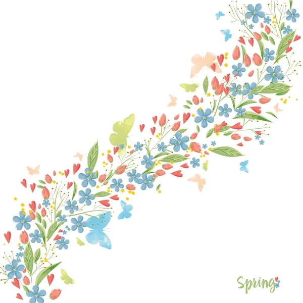 Frühlingsfarbene Blumen Und Aquarell Schmetterling — Stockvektor