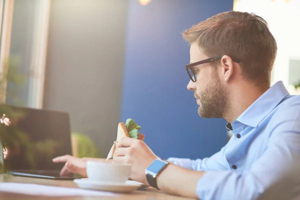 Tampilan samping seorang pengusaha muda duduk di meja kayu di kafe, menggunakan laptop dan makan roti lapis segar — Stok Foto