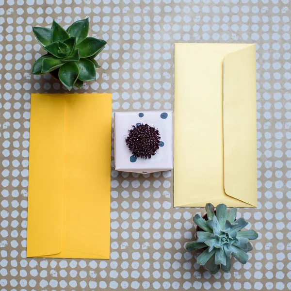 Deux Enveloppes Cadeaux Jaunes Une Boîte Cadeau Avec Fleur Scabiosa — Photo