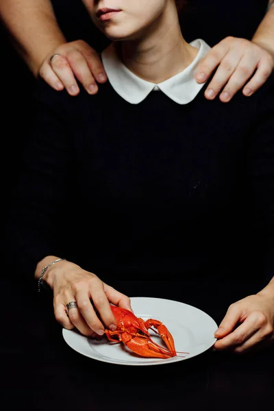 Woman Man Boiled Crayfish Hands White Plate Black Background — Stock Photo, Image