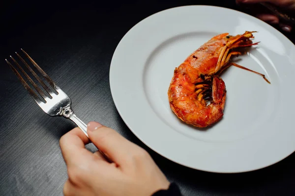 Fried Lobster White Plate Knife Fork Black Background — Stock Photo, Image