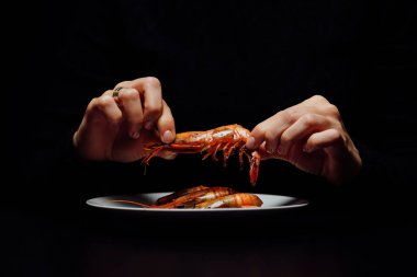 Siyah arka plandaki bir kadının ellerinde kızarmış karides olan beyaz tabak.