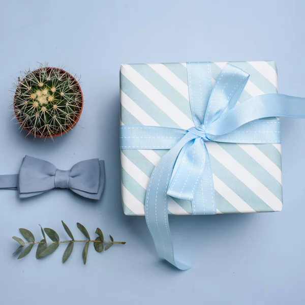 青い背景に青いギフトボックス 蝶ネクタイ サボテンとユーカリの小枝 — ストック写真