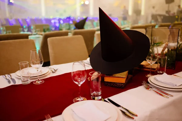 Halloween Party Served Table Guests Decorated Witch Hat Books Spruce — Stock Photo, Image