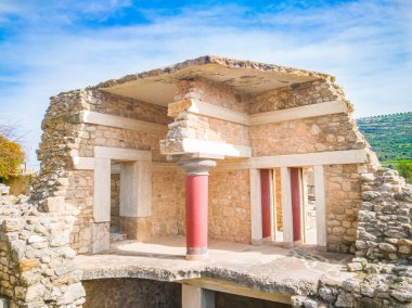 Girit, Yunanistan 'da düğüm evi. Minoan Knossos Sarayı 'nın kalıntıları. Ünlü Minos sarayı Knossos 'un antik harabelerinin ayrıntıları. 
