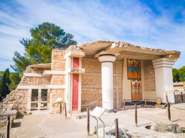 Girit, Yunanistan 'da düğüm evi. Minoan Knossos Sarayı 'nın kalıntıları. Ünlü Minos sarayı Knossos 'un antik harabelerinin ayrıntıları. 