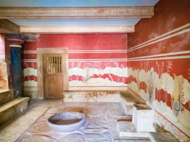 Yunanistan, Girit 'teki Knossos Sarayı' nda antik Minos freski. Knossos antik sahasında iyi korunmuş renkli freskler. Eski minoan kültürünün tanıkları..