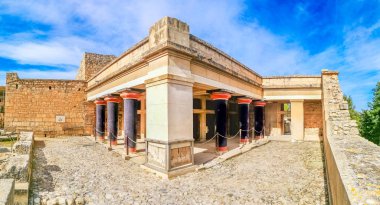 Girit, Yunanistan 'da düğüm evi. Minoan Knossos Sarayı 'nın kalıntıları. Ünlü Minos sarayı Knossos 'un antik harabelerinin ayrıntıları. 