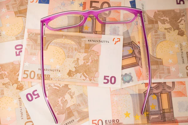 Reading Glasses Euro Banknote Background Euro Banknotes Fifty — 스톡 사진