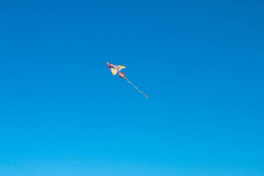 Uçurtma mavi gökyüzünde uçar. Metin için alanı kopyala. 
