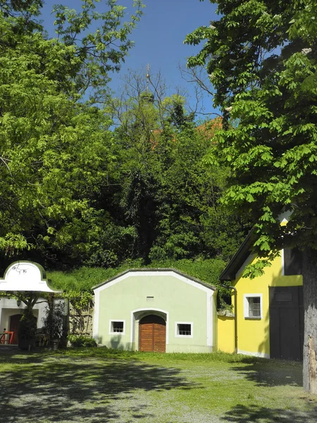 Austria, wine cellars and church, springtime in rural village Reisenberg in Lower Austria