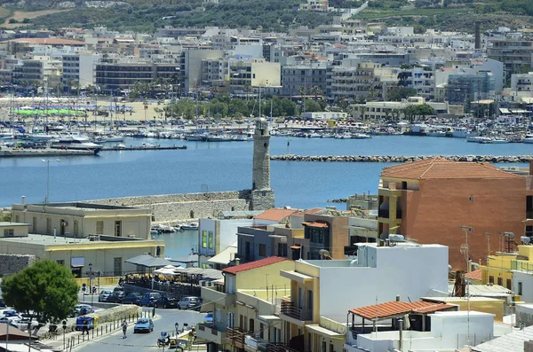 Grecia Creta Porto Con Faro Medievale Veneziano Nel Villaggio Rethymno — Foto Stock