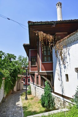 Bulgaristan, Plovdiv, geleneksel yapısı içinde bina eski şehir bölgesi aka Staria Grad Arnavut kaldırımlı sokakta dar, kültür 2019 Avrupa başkenti şehir oldu