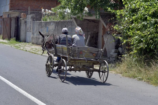 プラスト クルジャリ州の近くの小さな村でロバ荷車とベリ プラスト ブルガリア 2018 正体不明農民 — ストック写真