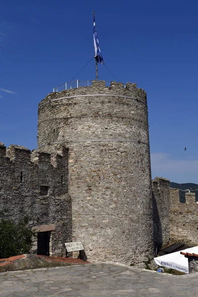 Kavala Grecja Czerwiec 2018 Accesible Wieży Średniowiecznego Zamku Blankami — Zdjęcie stockowe