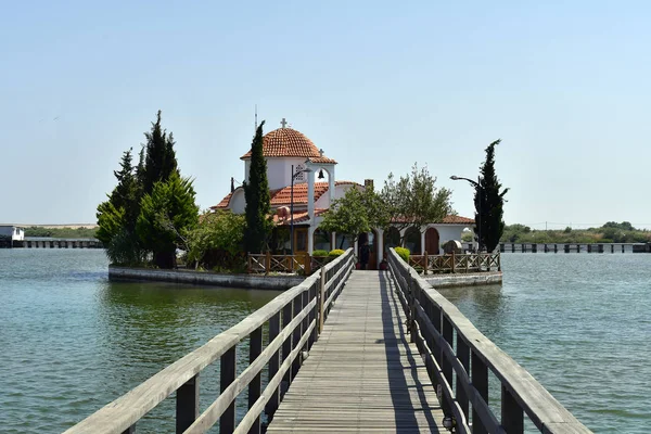 Grecia Porto Lagos Monastero Agios Nicolaos Situato Una Piccola Isola — Foto Stock