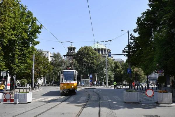 Sofia Bulgaria June 2018 Unidentified People Public Tram Orthodox Church — Stock Photo, Image